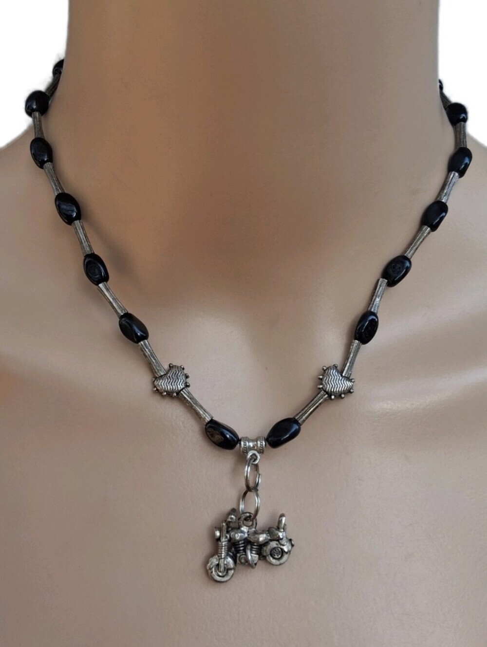 Vintage Biker Motorcycle Pendant Necklace Black Glass Onyx Beads Silver Tone